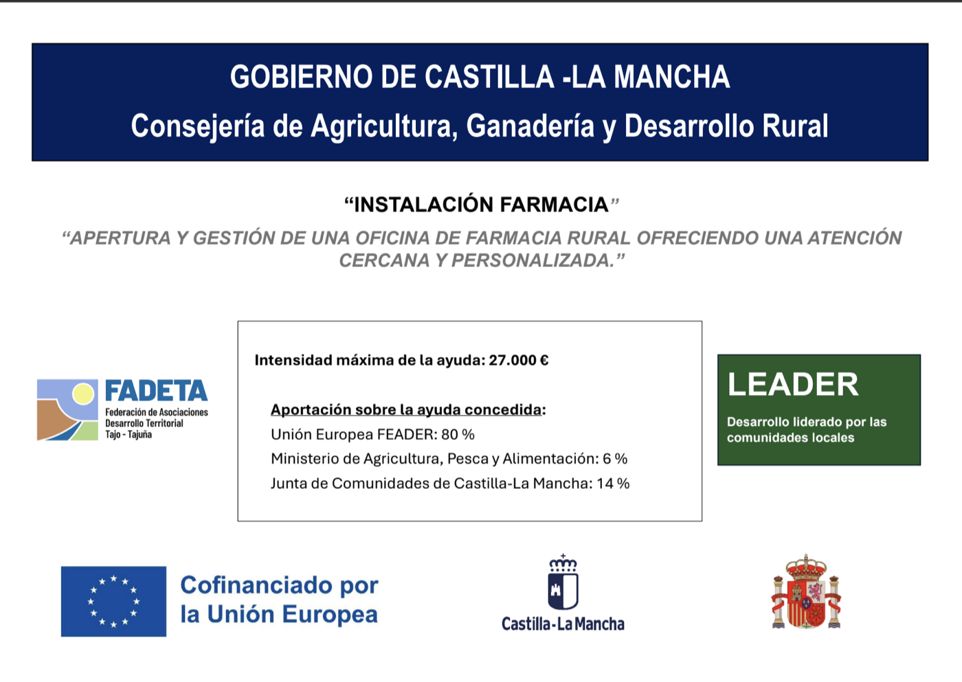 Instalación de farmacia rural en Pareja, proyecto «Instalación Farmacia» financiado a través del programa LEADER (FADETA): Unión Europea FEADER 80 %, Ministerio de Agricultura, Pesca y Alimentación 6 %, Junta de Comunidades de Castilla-La Mancha 14 %. Intensidad máxima de la ayuda: 27.000 €.